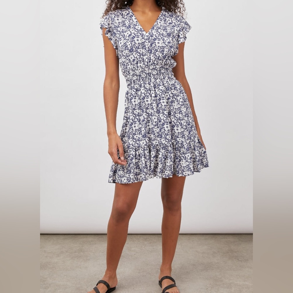 Rails Navy and White Floral Tara Dress with Flutter Cap Sleeves and Tiered Skirt